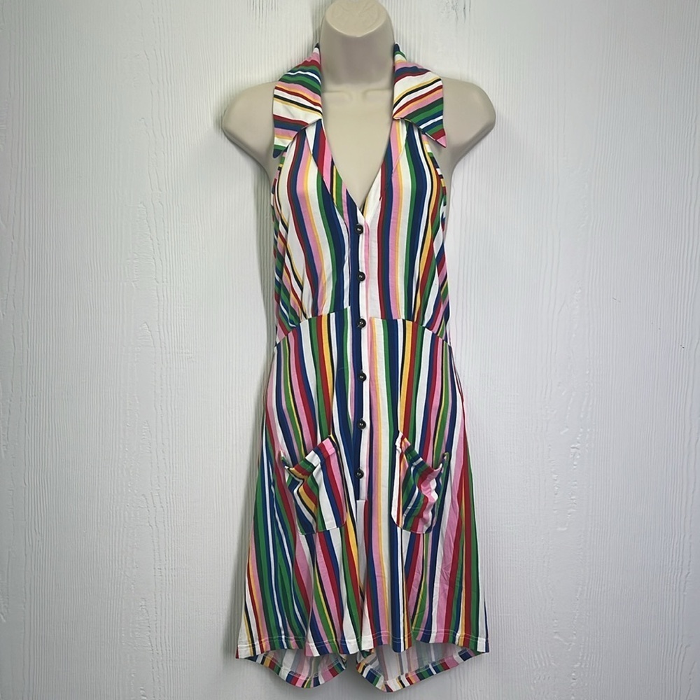 Mod Cloth - Rainbow Stripe Button Down Halter Short Romper Size Medium - Picture 2 of 11